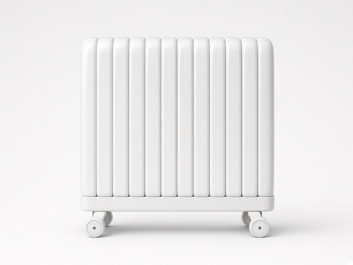 Radiateur bain d’huile blanc sur roulettes, vue produit studio