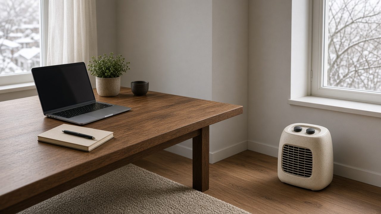 Bureau de télétravail avec un petit chauffage sous le bureau