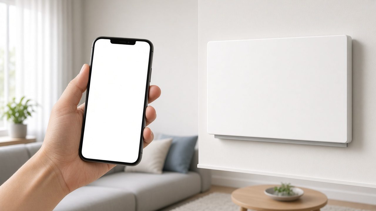 Smartphone réglant un radiateur connecté dans un salon
