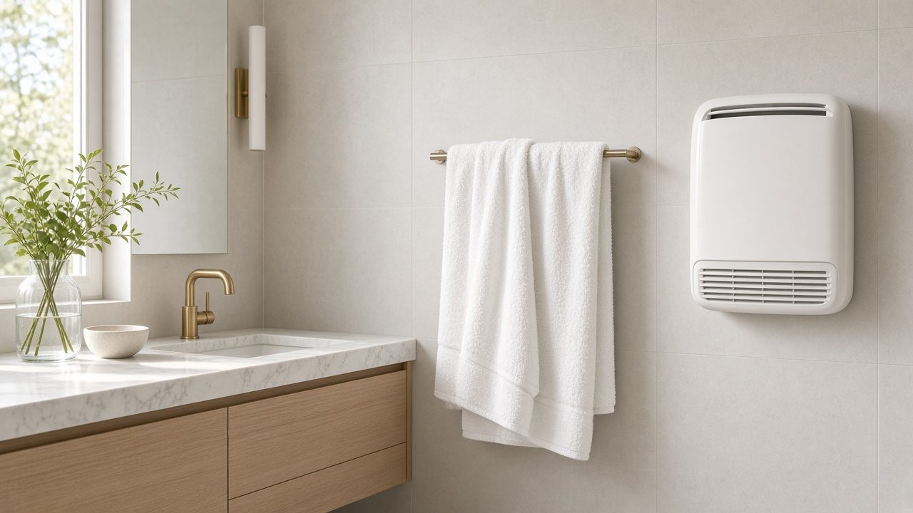 Salle de bain claire avec un petit chauffage mural et des serviettes