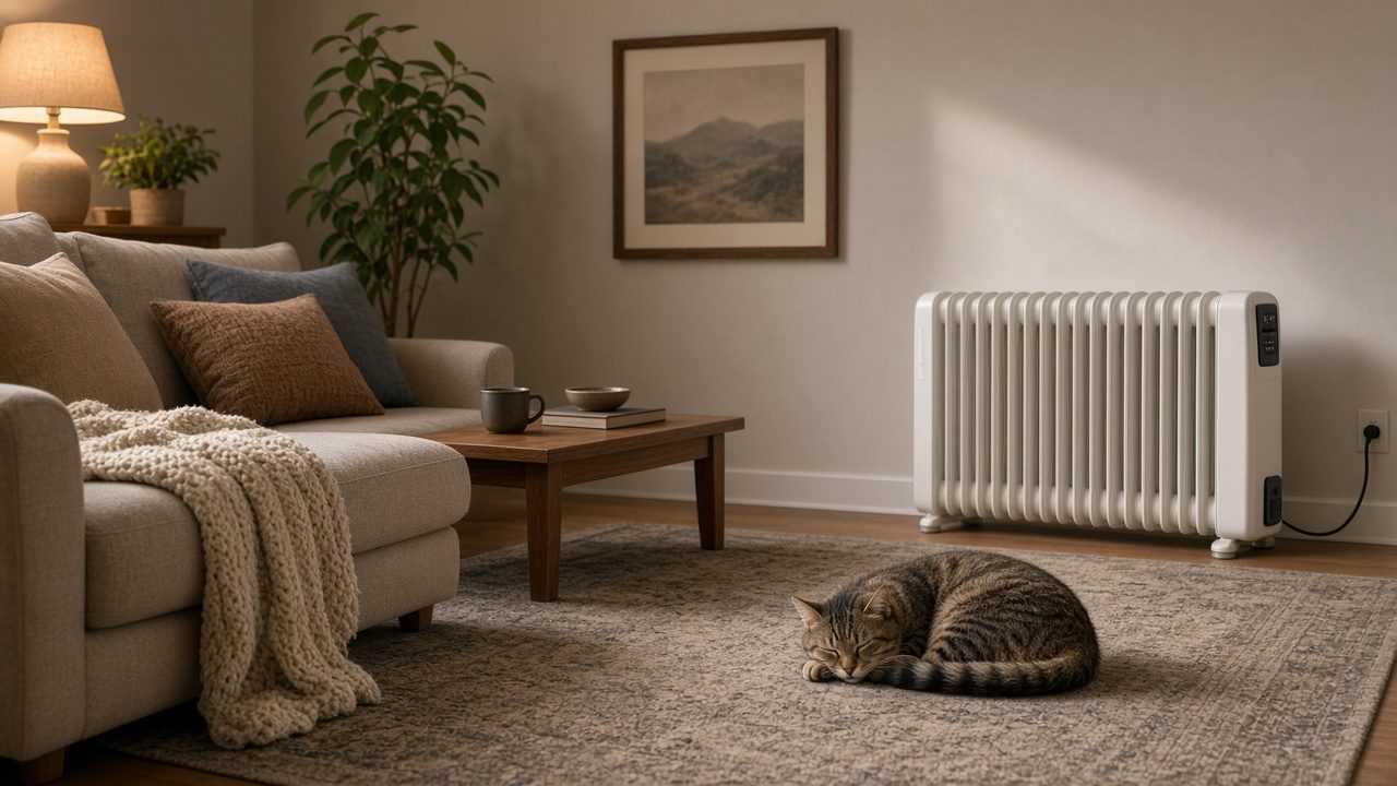 Salon familial avec un radiateur d’appoint protégé et un chat sur un tapis