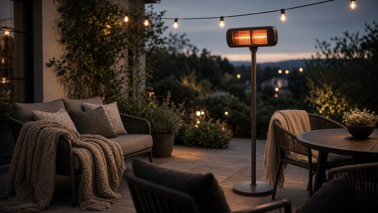 Terrasse le soir avec un chauffage infrarouge sur pied