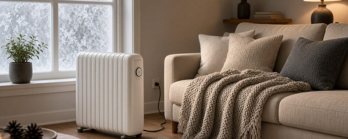 Radiateur d’appoint électrique dans un salon chaleureux en hiver
