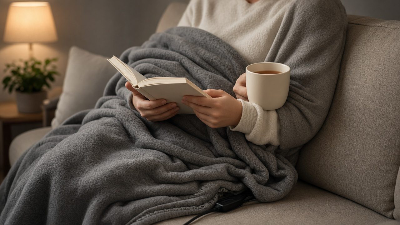 Personne lisant sous un plaid chauffant sur un canapé