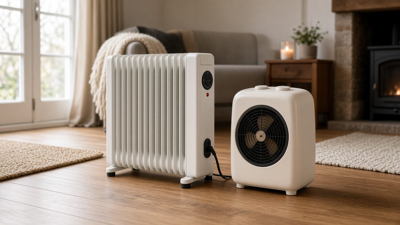 Radiateur bain d’huile et petit soufflant côte à côte dans un séjour
