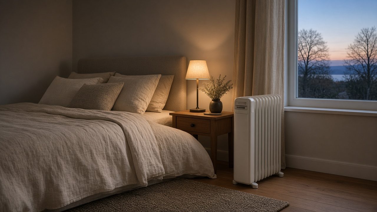 Chambre cosy avec un radiateur bain d’huile près du lit