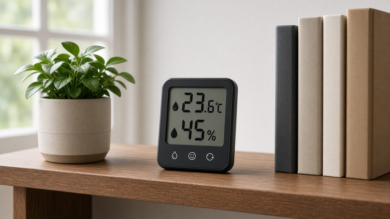 Petit thermomètre hygromètre digital sur une étagère